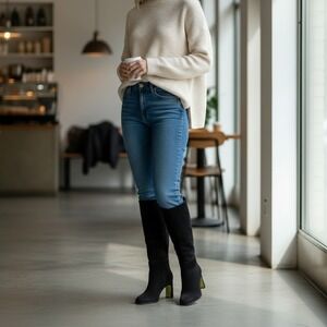 Sam Edelman Black Suede Square Toe Block Heel Knee High Boots 8M ATH NIB $200